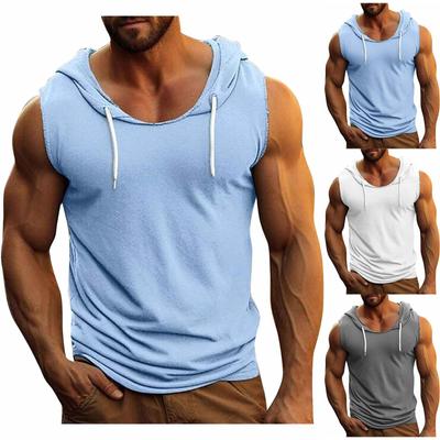 Mouwloos sportvest met trekkoord, effen kleur en capuchon voor heren