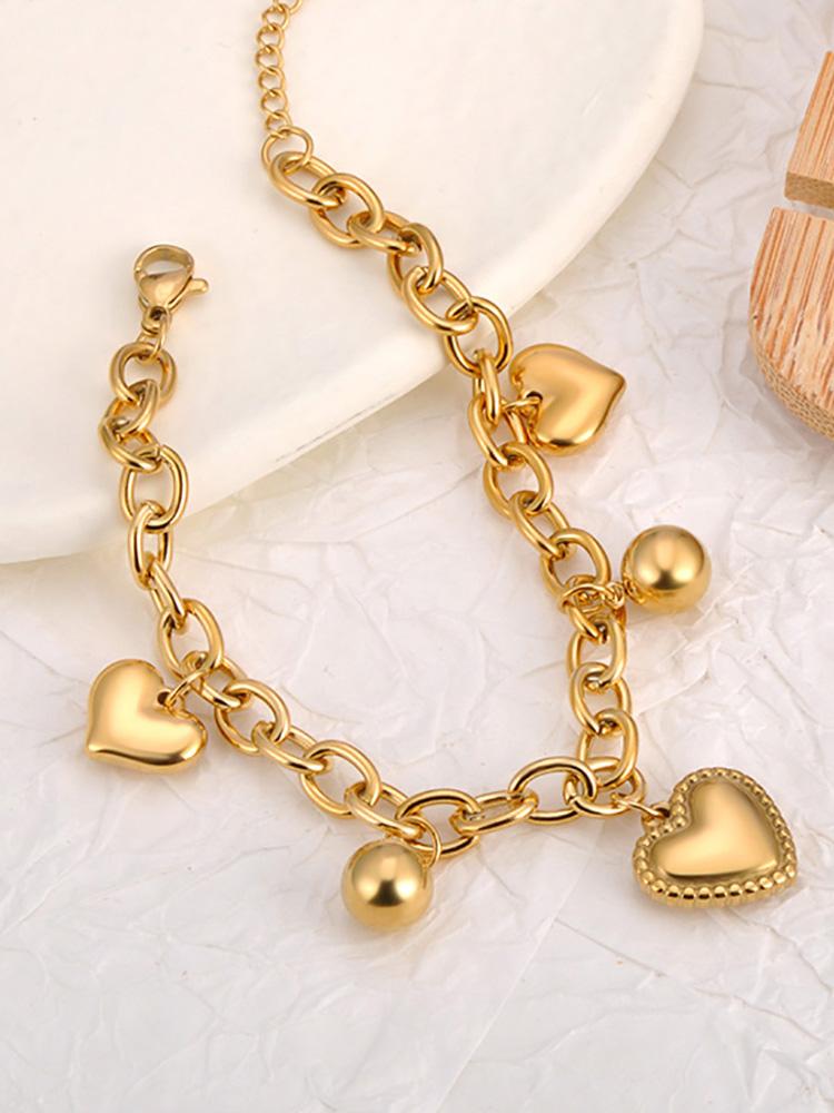 Heart & Round Ball Charm Chain Bracelet 18K Gold Plated Handmade Waterproof Stainless Steel Jewelry for Women