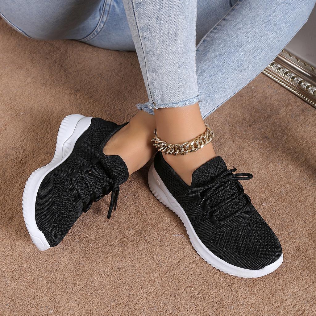 Hot Sale Breathable Knit Platform Sneakers Women's Stylish Black Lace - Up Casual Sports Shoes