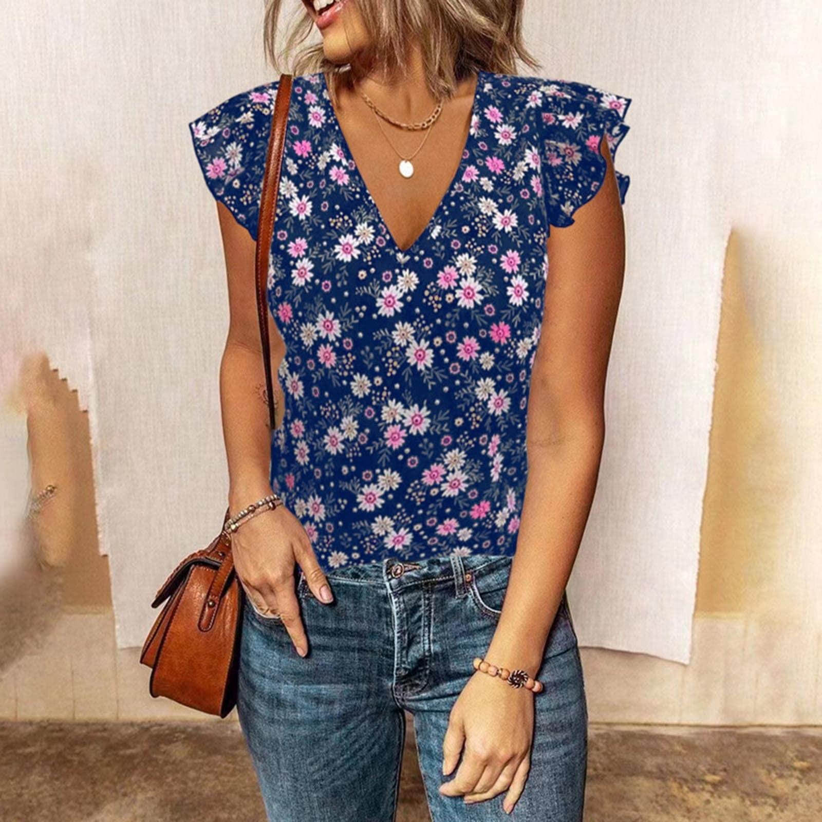 

Women s Summer Loose Small Floral V-Neck Ruffle Sleeve T-Shirt Tunic Tops S