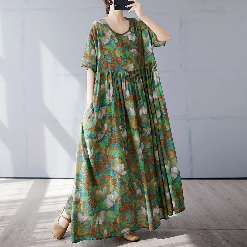 Simple Bohemian Long Dress Summer New Fattened Plus Short Sleeve Crew Neck Printed Dress Women's Clothing