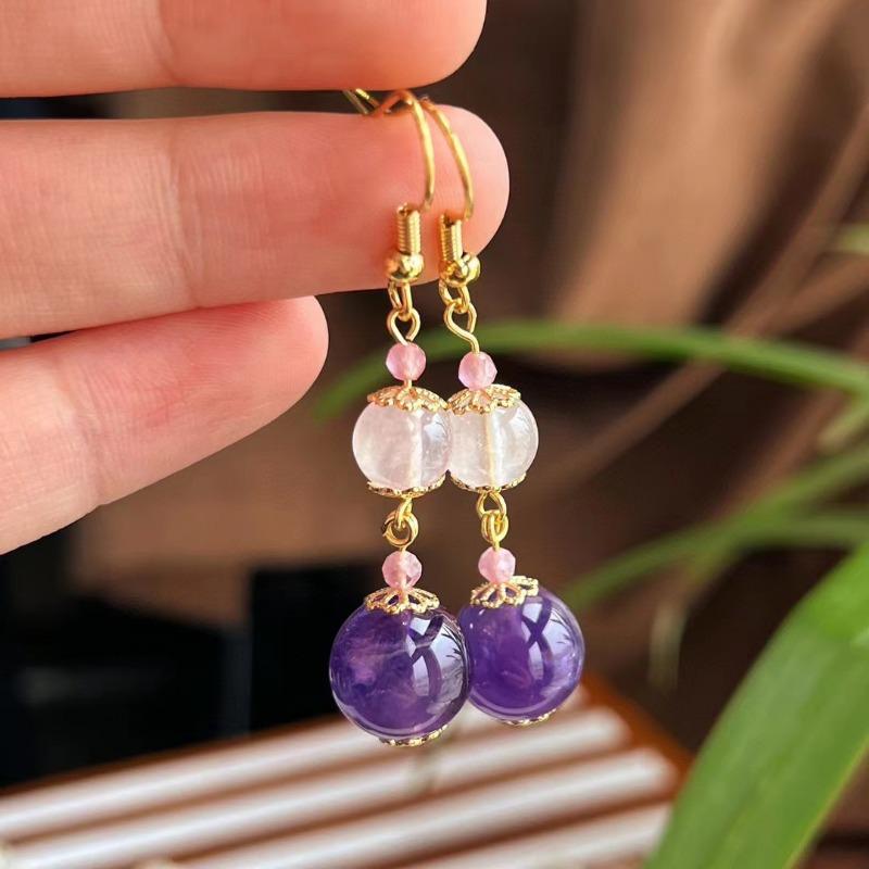 Gold Plated Natural Amethyst Clear Quartz Beaded Drop Earrings фиолетовый