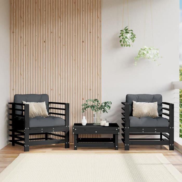 VidaXL Chaises de jardin et coussins lot de 2 noir bois de pin massif 825678