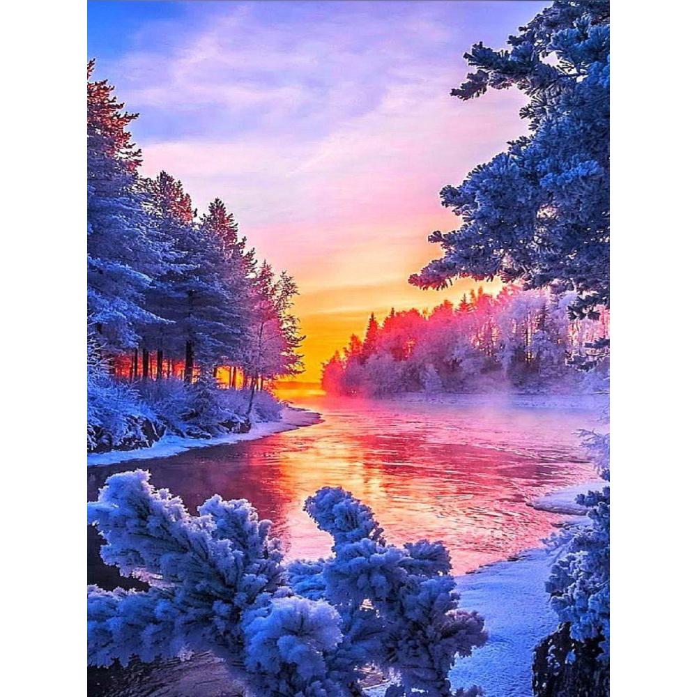 DIY Diamond Painting Snow Diamond Mosaic Landscape Sunset Embroidery Rhinestone Full Round Diamond Cross Stitch Home Gift