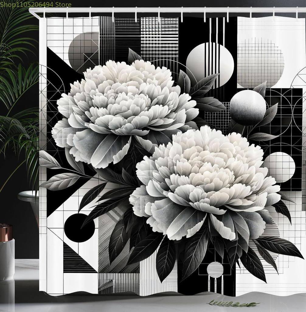 Schwarz-weißer Duschvorhang neblige hohe Bäume Wald natürliche Landschaft Stoff Badezimmerdekoration Duschvorhang mit Haken