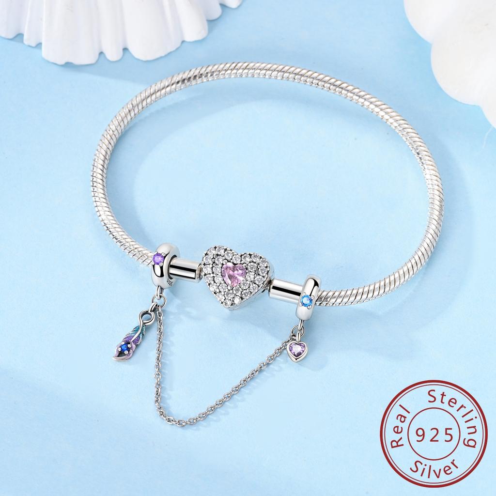 Copper Metal Blue Purple Lucky Feather Secure Safety Chain Charm Bead Components Jewellery Compatible With Authentic Original Bracelet High Quality