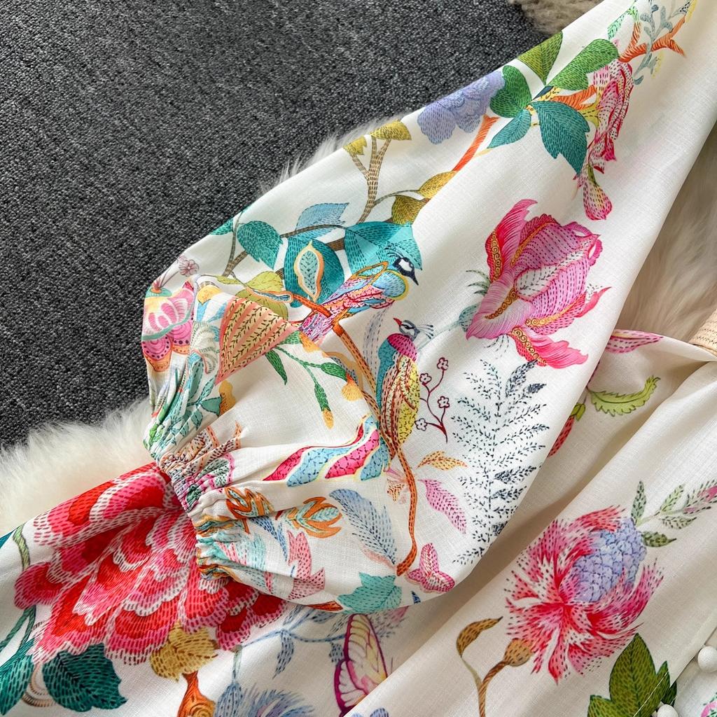 Elegant Linen Floral Holiday Robe Dress Women Spring Summer Stand Long Lantern Sleeve Sashes Vestidos Floral Print Clothes