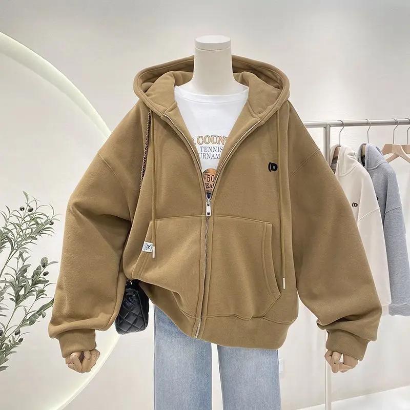 Fleece-Lined Hooded Sweatshirt Women's Loose-Fit Sensible Niche Slimming Versatile Plus Size Casual Girlfriend Trendy Jacket