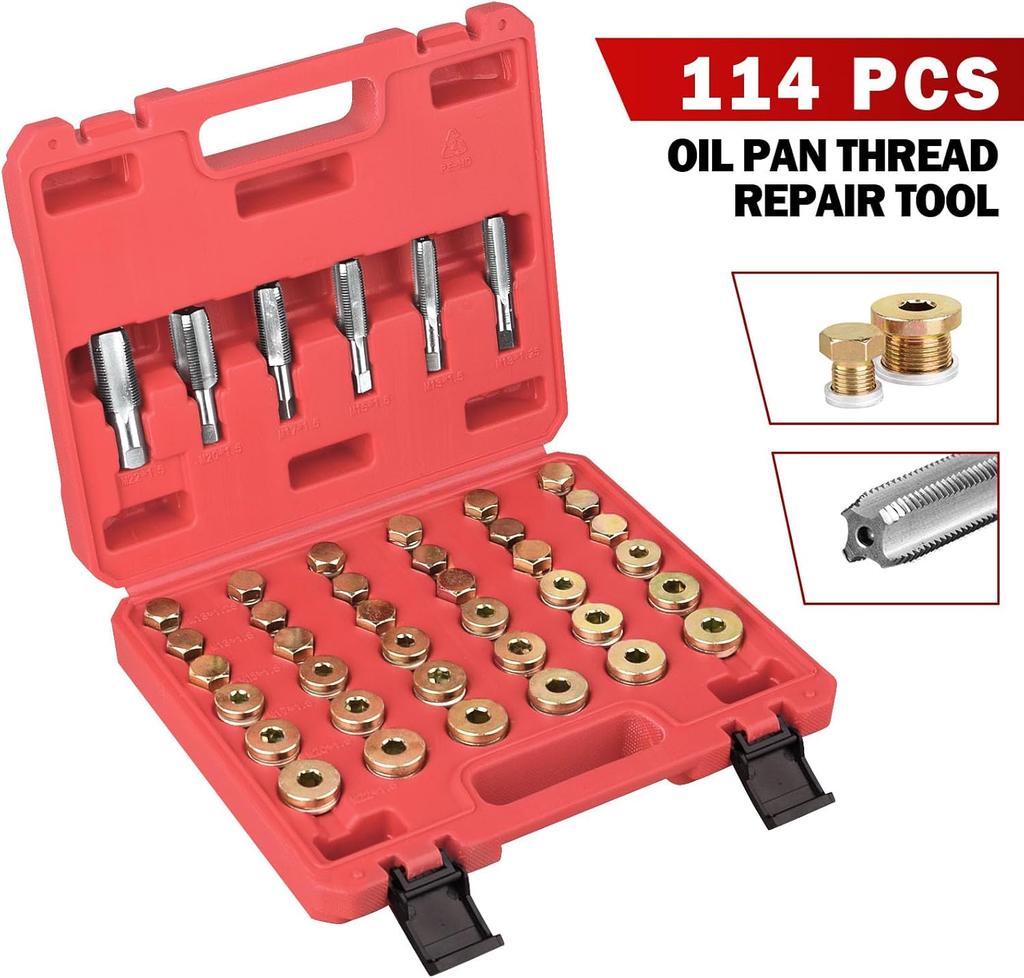 114Pcs Oil Drain Plug Repair Kit, Universal M13-M22 Metric Thread Repair Tool Set