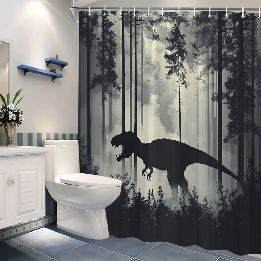1pc Horror T-Rex Dinosaur Shower Curtain in Misty Forest - Realistic Jurassic Design with 12 Hooks, 70x70 Inches, Dark Trees and