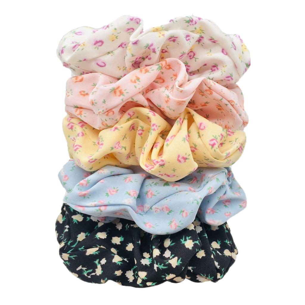 5pcs/set Sweet Cute Print Flower Scrunchies For Women Stretch Hair Accessories Elastic Rubber Band Rope Headwear Ditsy Floral