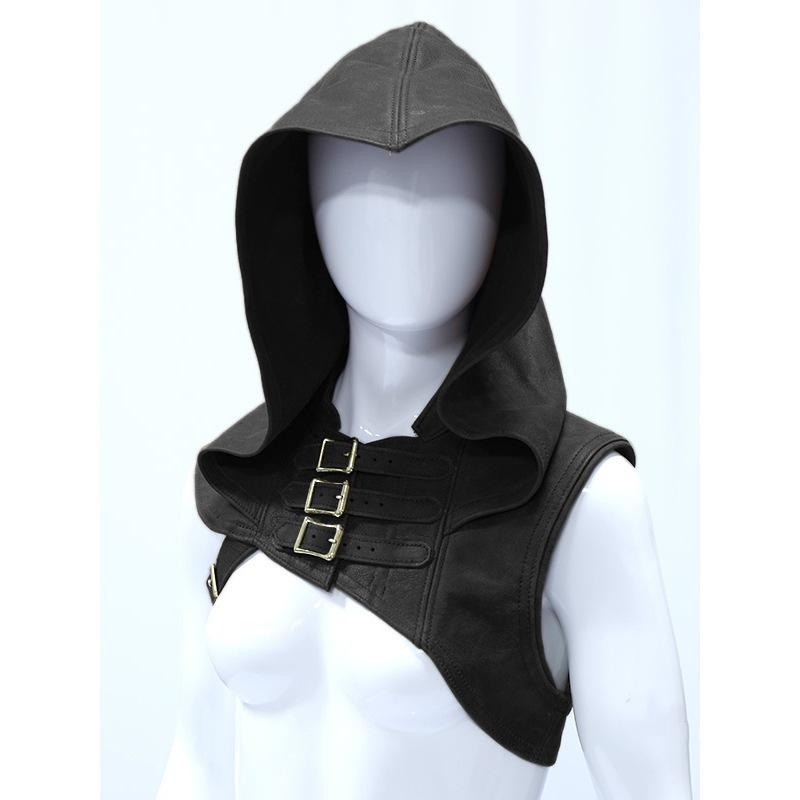 Kids Medieval Leather Jacket Halloween Costume Hooded Solid Color Retro Buckle Design S чёрный