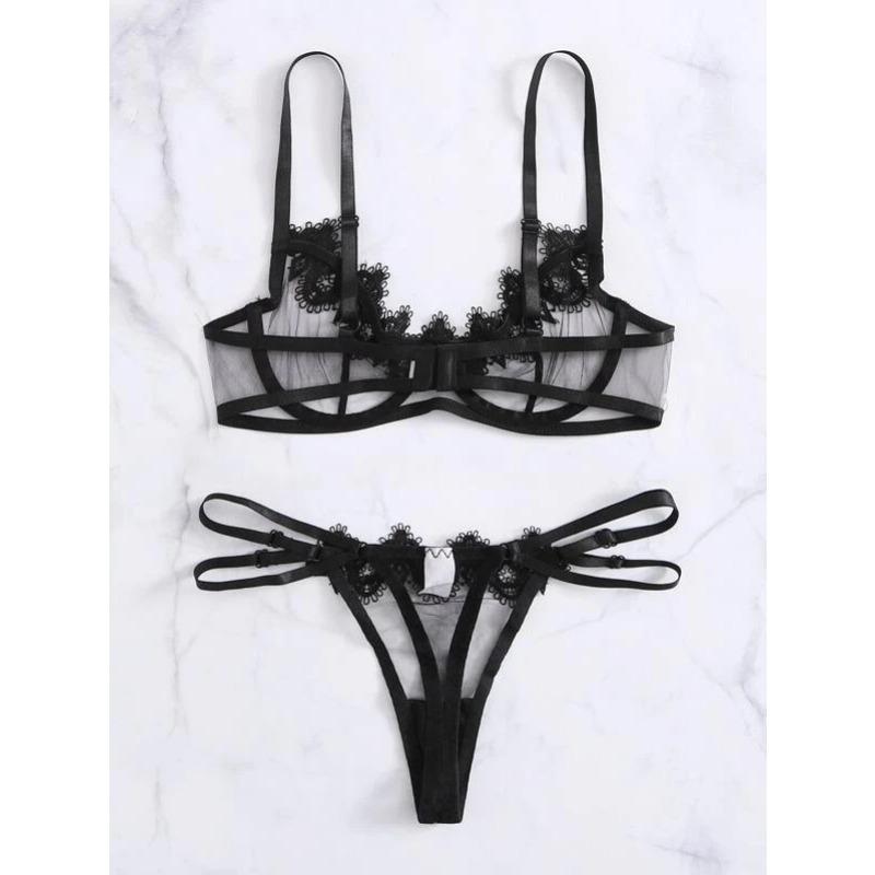 Sex underwear sexy women's mesh see-through lace three-point pajamas two-piece set