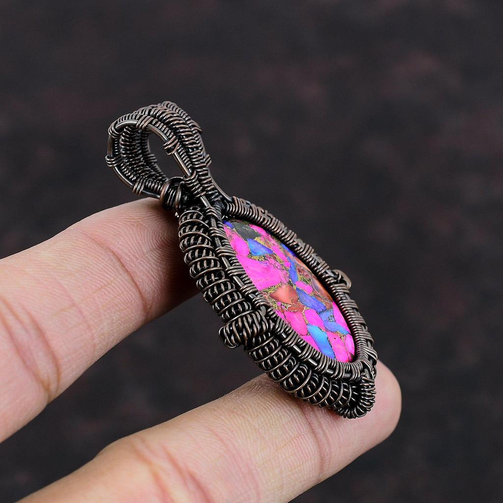 Natural Kingman Pink Dahlia Turquoise Pendant Copper Wire Wrapped Pendant Handmade Copper Jewelry Boho Pendant Gift For Mom Gemstone Jewelry