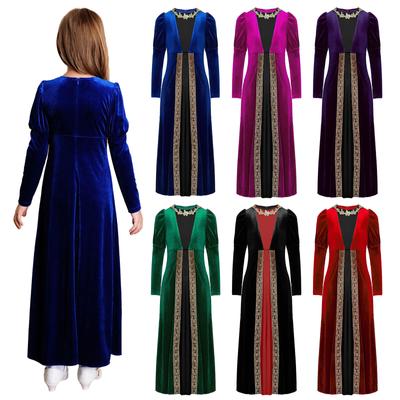 Crianças Meninas Medieval Renascentista Vestido de Veludo Traje Manga Longa Flores Douradas Patchwork Retro Vestido de Princesa Traje de Vestido Romano Antigo