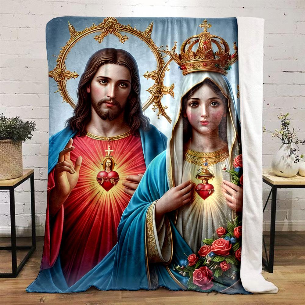 Sacred Heart Jesus Mary Blanket  Printed Blanket for Living Room Bed Couch Lunch Break Soft Cozy Blanket for Friend's Festival Gift