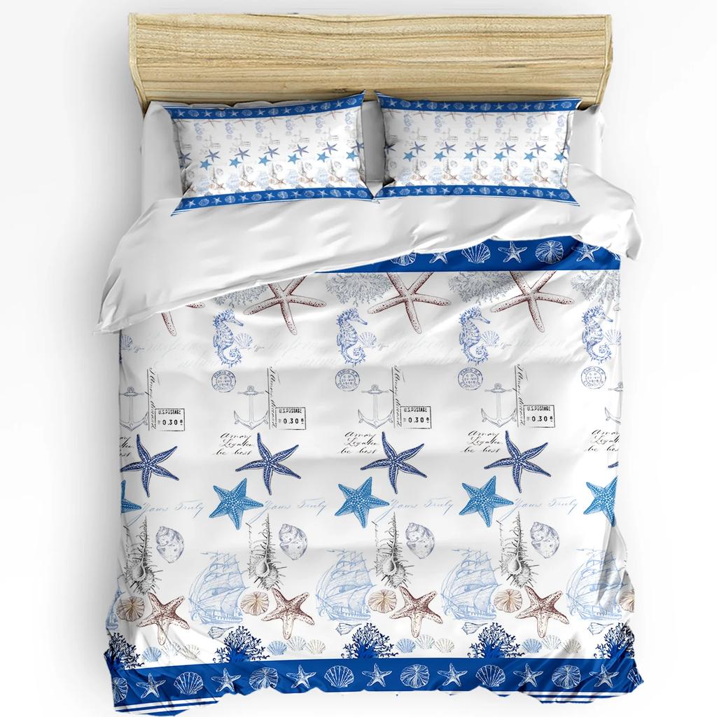 Blue Marine Coral Shels Starfish Soft Duvet Cover featuring Pilow Case Custom 3pcs Beding Set Comfortable Quilt Cover Double Bed Home Textile