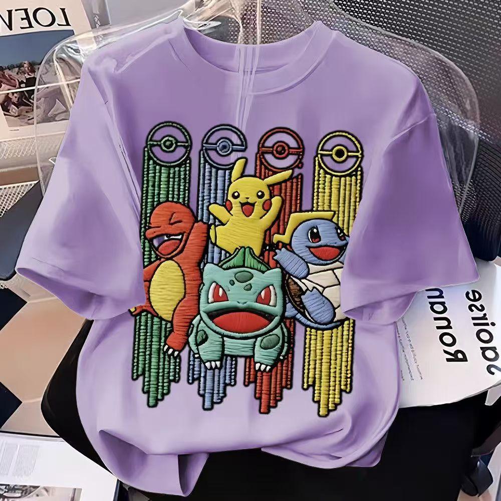 New Imitation Embroidery Pokémon Cartoon Print Crew Neck Loose Casual ShortSleeve Top for Boys and Girls Summer Style 100