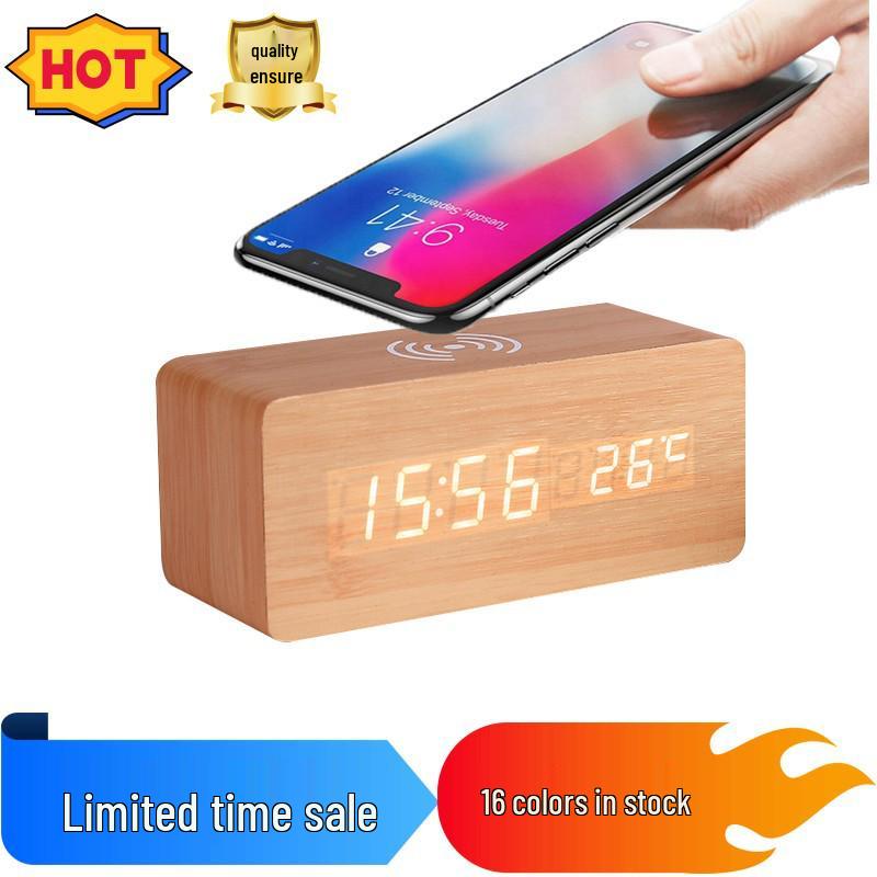 Wireless LED Wood Clock: Digital Alarm with Thermometer, Calendar & Charging Function