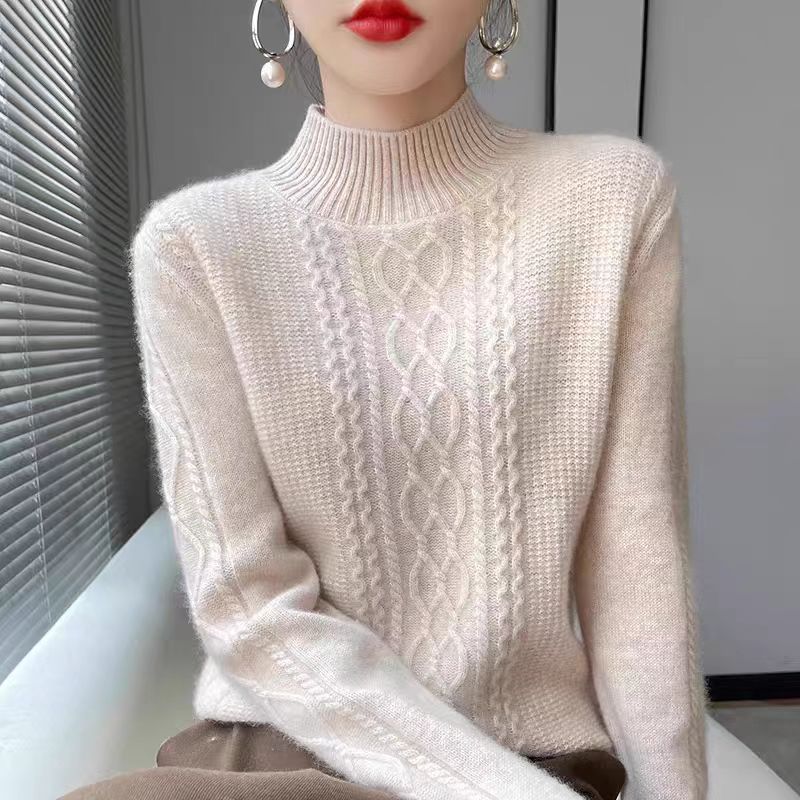 Pullover Women's Half Turtleneck Sweater with Thick Casual Knitted Sweater Solid-colored Loose Warm Top for Autumn and Winter
