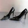 Fashion Sexy Pointed Toe Thin High Heel Women Pumps Lace Up Bow Design Black Leather High Heels Punk Style Fashion Elegant Woman Heels