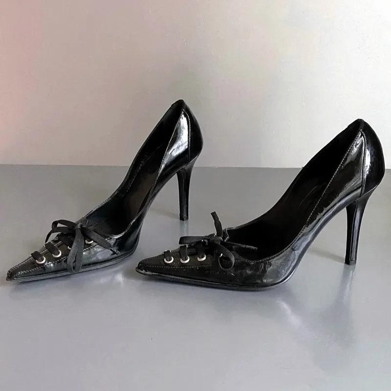 Fashion Sexy Pointed Toe Thin High Heel Women Pumps Lace Up Bow Design Black Leather High Heels Punk Style Fashion Elegant Woman Heels