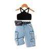 Mädchenmode-Set: Sommer Kinder Kurzträgertop + Denimhose + Hüfttasche Dreiteiliges Set