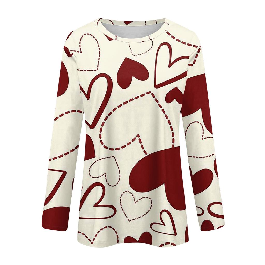 Women's Fashion Casual Long Sleeve Print Round Neck Pullover Top Blouse