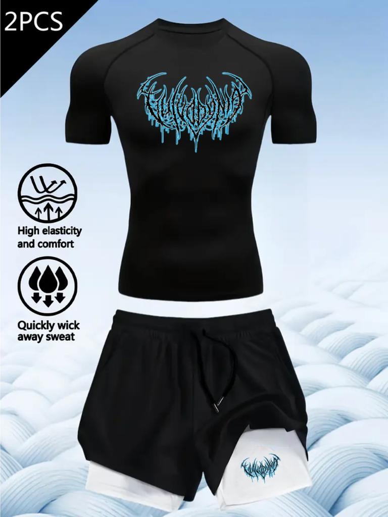 2D printed T-shirt men's summer two-piece sportswear running T-shirt elastic quick-drying sports top sports fitness shirt men's