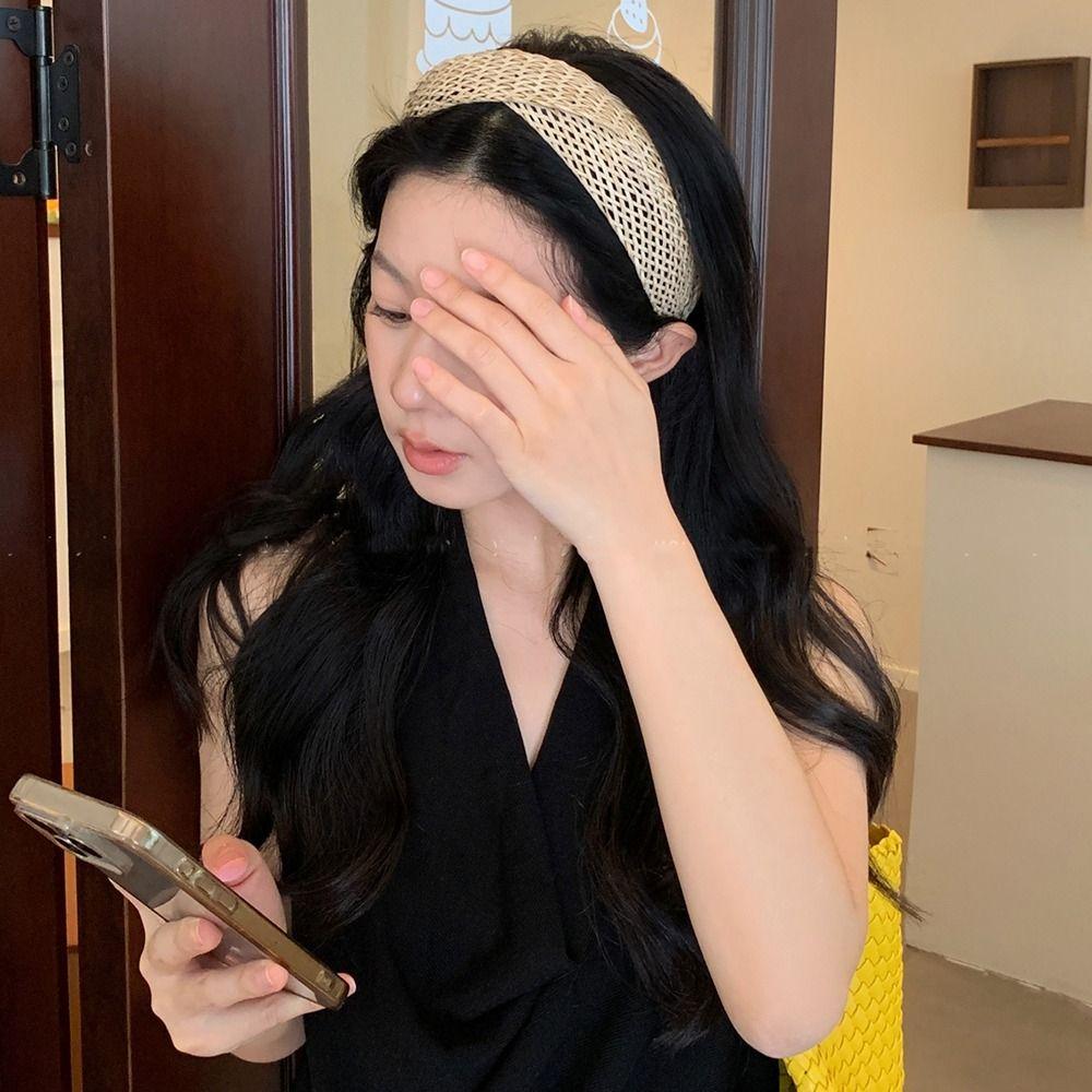 Hollow Wide Edge Hairband Hair Band Bohemian Style Hair Hoop Straw Weave Headband  Daily