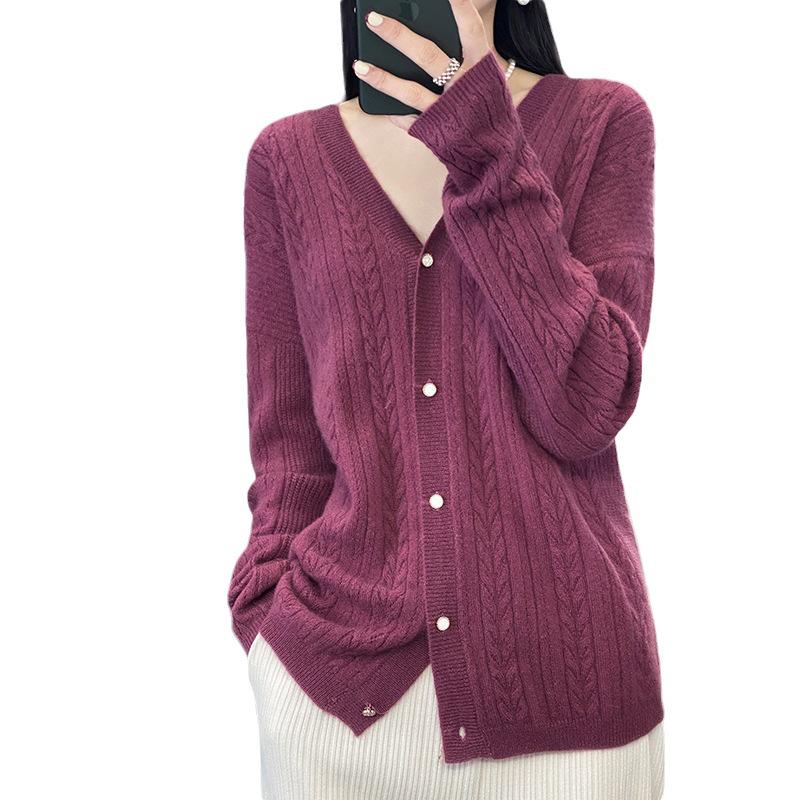 Women's 2023 V-Neck Hollow-Out Cashmere Wool Cardigan - Loose Fit, Cable Knit, Short Sweater