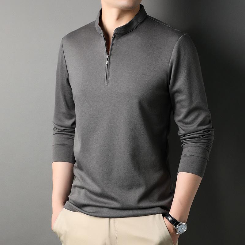 Autumn Zipper Stand Collar Men's T-shirt for Young and Middle-aged People Casual Solid Color Thin Cotton Long-sleeved Bottoming Shirt Men's Sweatshirt