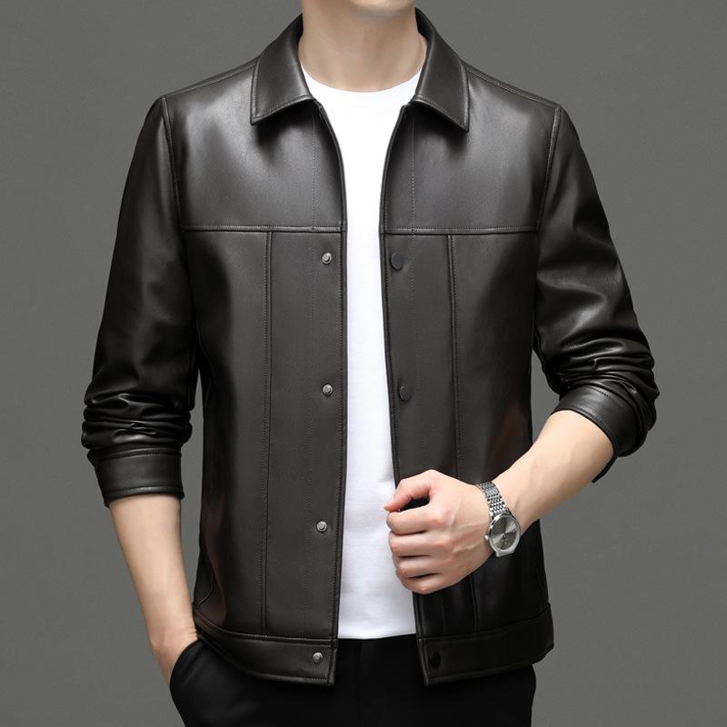 Leather Jacket for Middle-aged Men Thin Solid Color Men's Leather Jacket Spring and Autumn New Outdoor Men's PU Leather Jacket