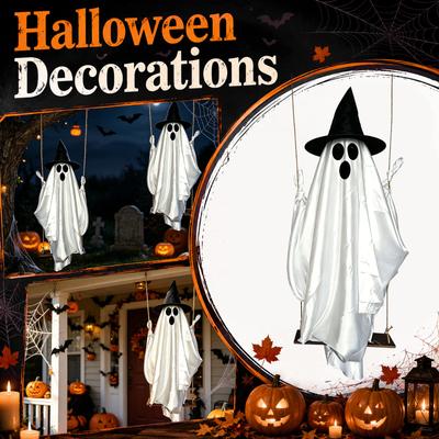 Outdoor Halloween Ghost Decoration Hanging On Swing with Hat and String Lights Suitable for Yard Porch Patio Seasonal Display