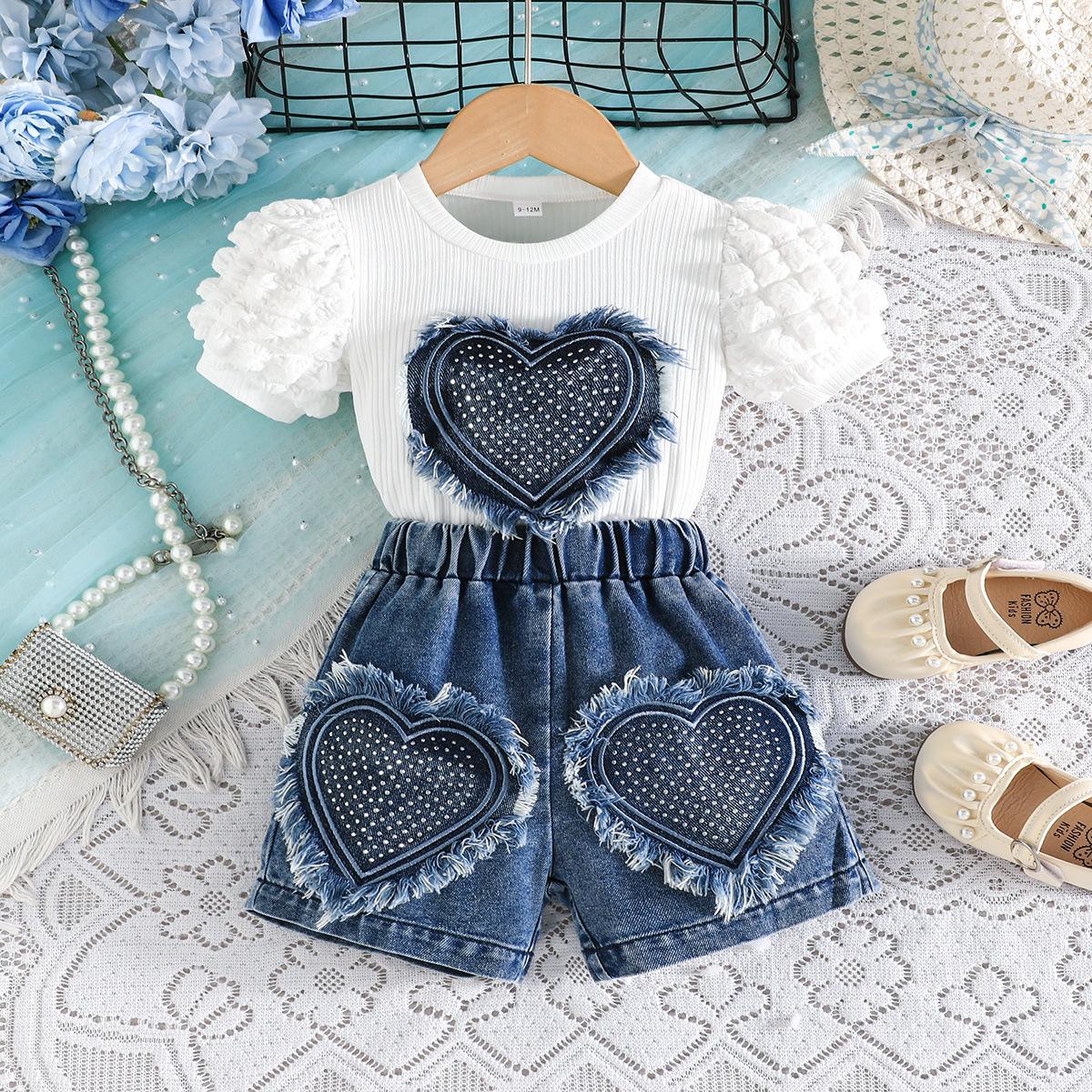 Children s Casual Set: Summer Girls Heart-Print Puffed-Sleeve Top + Denim Heart-Print Shorts Set 12-18M