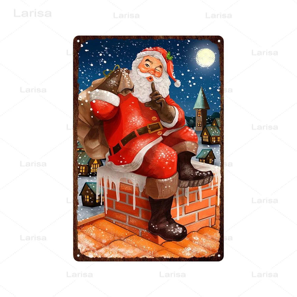 Christmas Vintage Tin Sign Santa Claus Plaque Metal Retro Plate Poster for Club Living Room Kitchen Home Wall Art Decoration