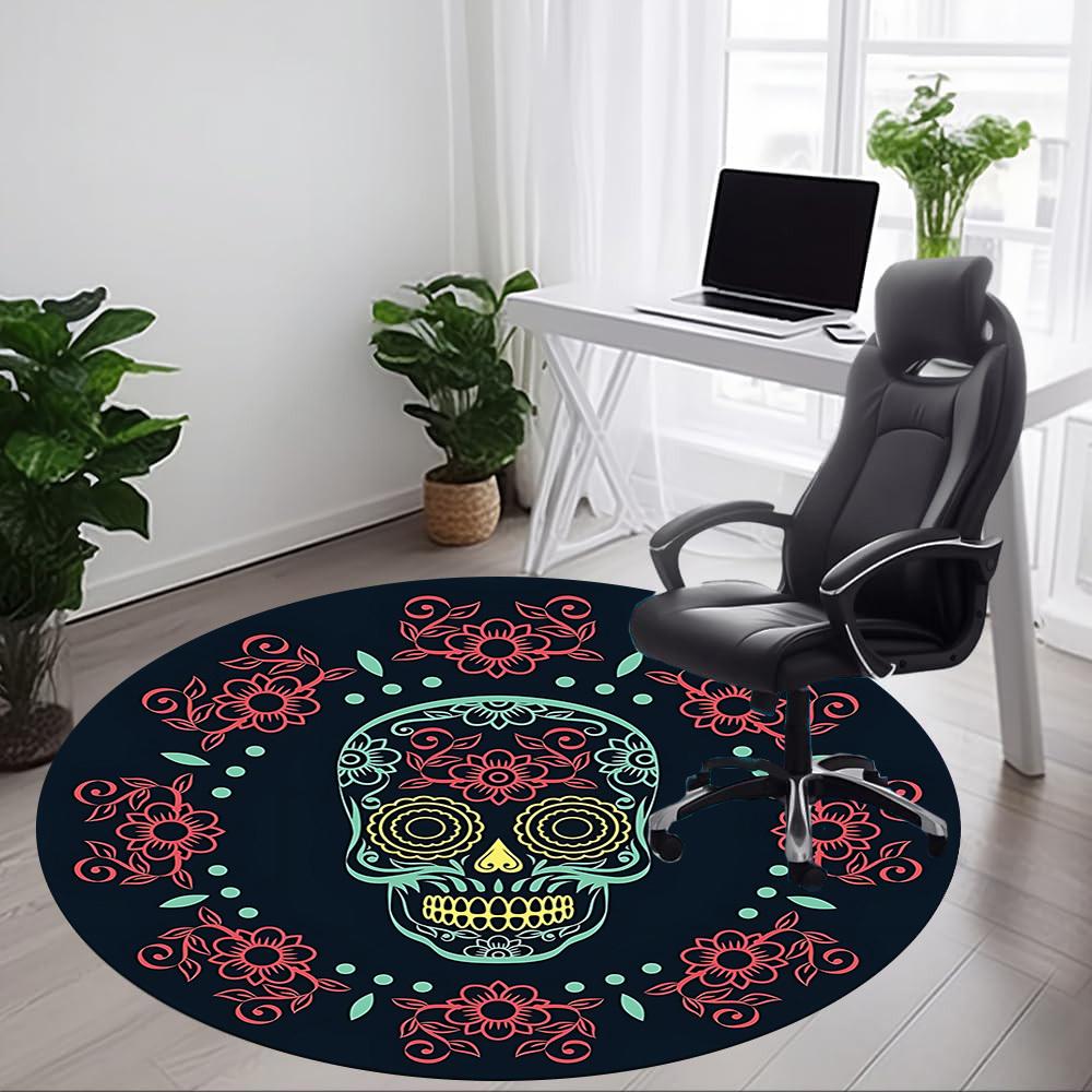 1pc Sugar Skull Art Chair Carpet for Office, Indoor Non Slip Washable Polyester Fiber Carpet,