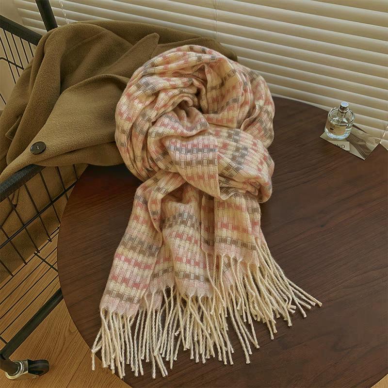 Women's Christmas Plaid Scarf - Autumn/Winter Korean-Style, Versatile Imitation Cashmere Shawl with Tassels