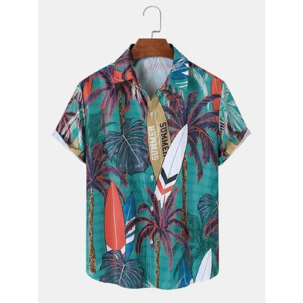 Hawaiian Beach Men's Short Sleeve Shirt with Plant Print Pattern Boy's Short Sleeve Lapel Casual