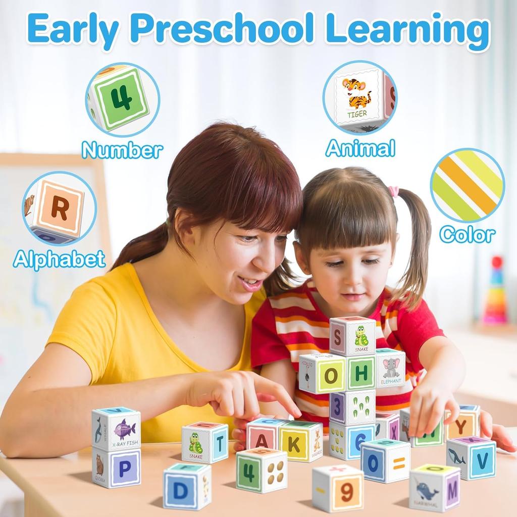 Magnetic Blocks ABC 123 Alphabet Colorful Printed, Building Blocks for Toddler 1-3, Magnet Cubes Sensory Toys, Preschool Early Learning