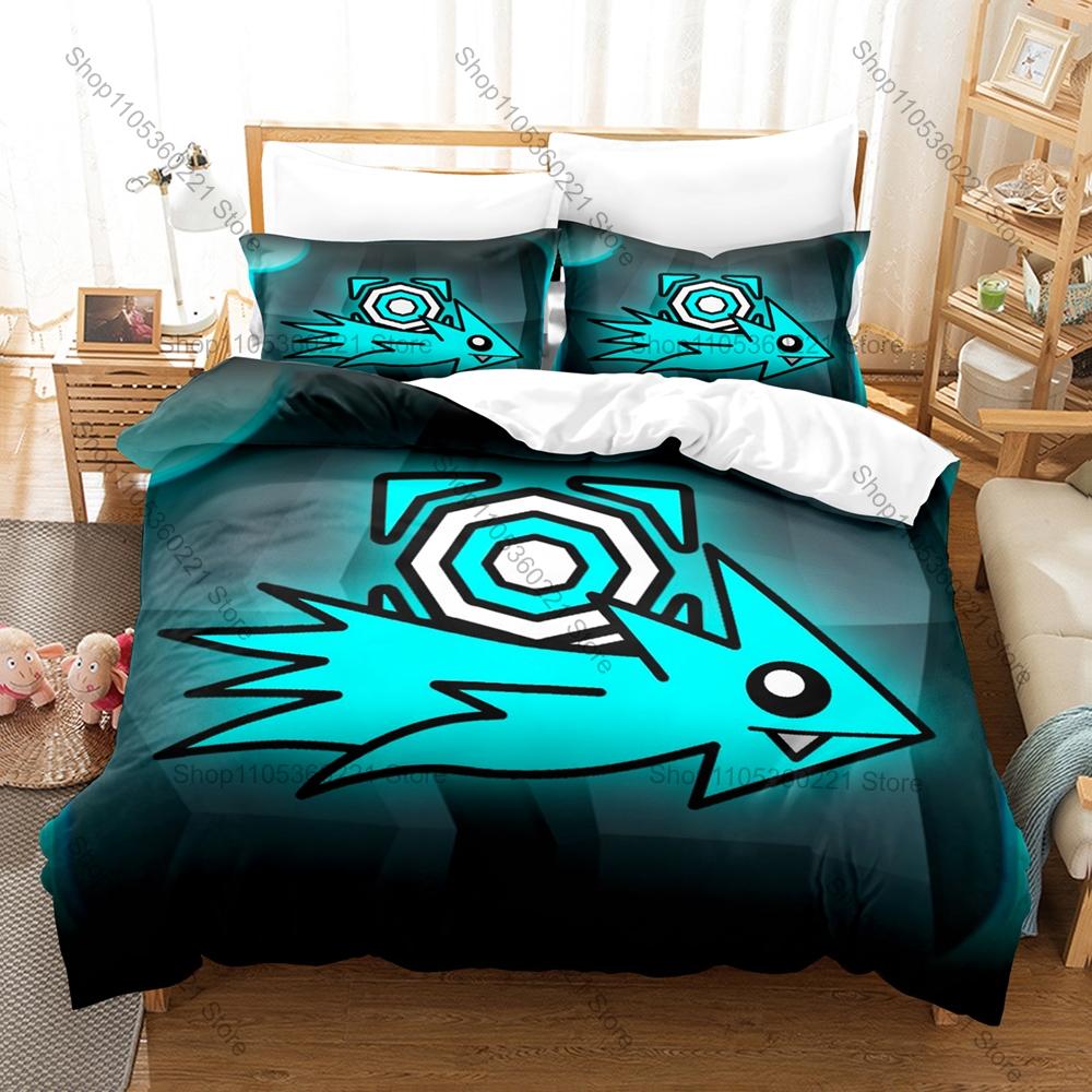 Angry Geometry Dash Angry Expression Cube Spike Neon Rhythm Game Print Duvet Cover + 2 Pillowcases Bright Color Microfiber