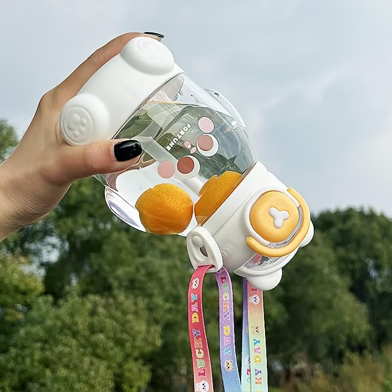 Cute Cartoon Student Water Bottle 600ml/20.29oz Food-Grade Material Portable with Straw and Strap for Travel Sports 1 Pack