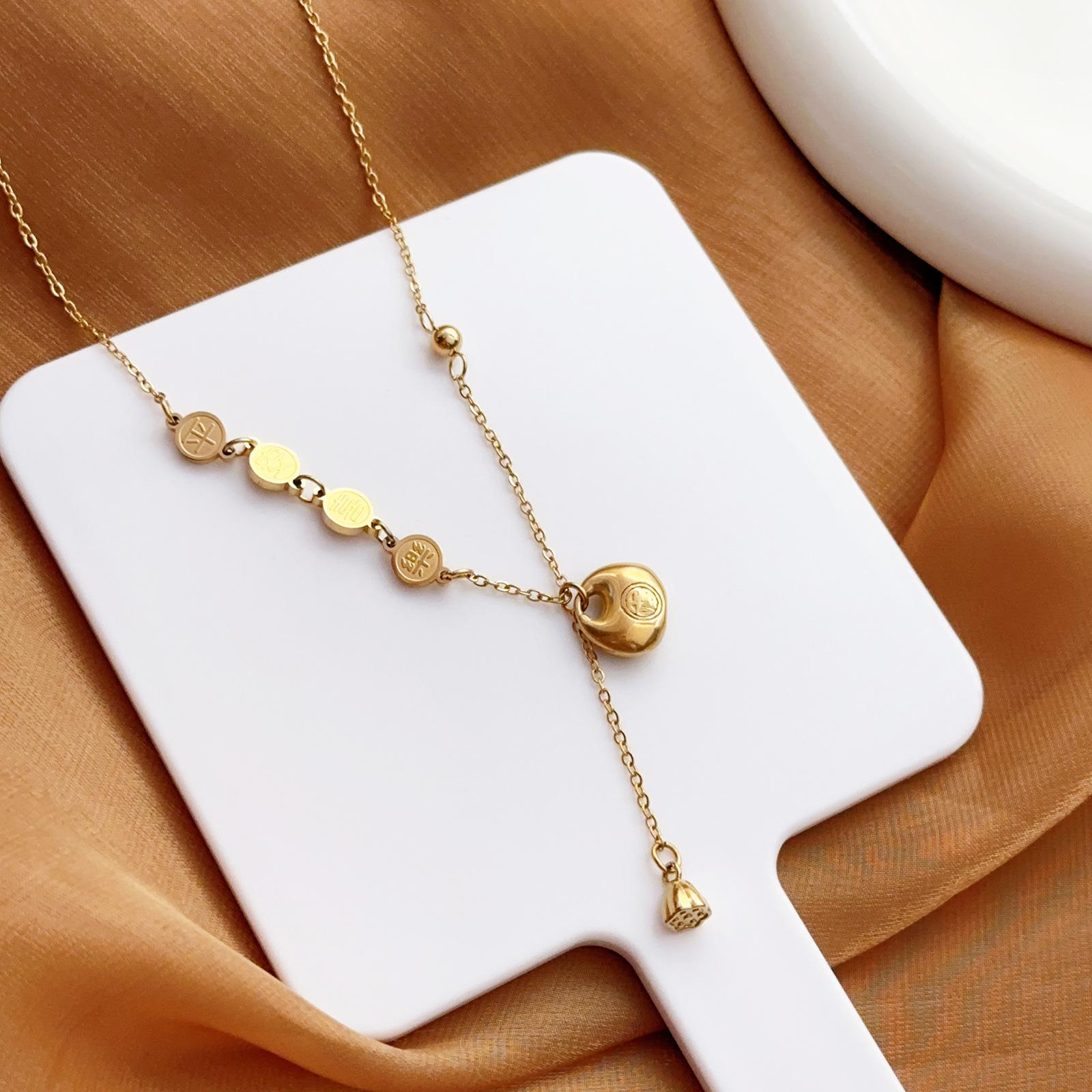 Chinese-style Vintage Blessing Series Chinese Character Pendant Lucky Little Gold Nugget Gold-Color Plated Stainless Necklace золотой