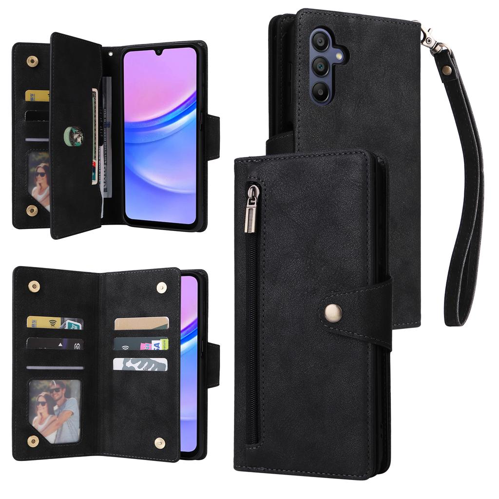 For Samsung Galaxy A17 5G/A17 4G/A26 5G Case Zipper Wallet Rivet Decor Leather Phone Cover with Wrist Strap