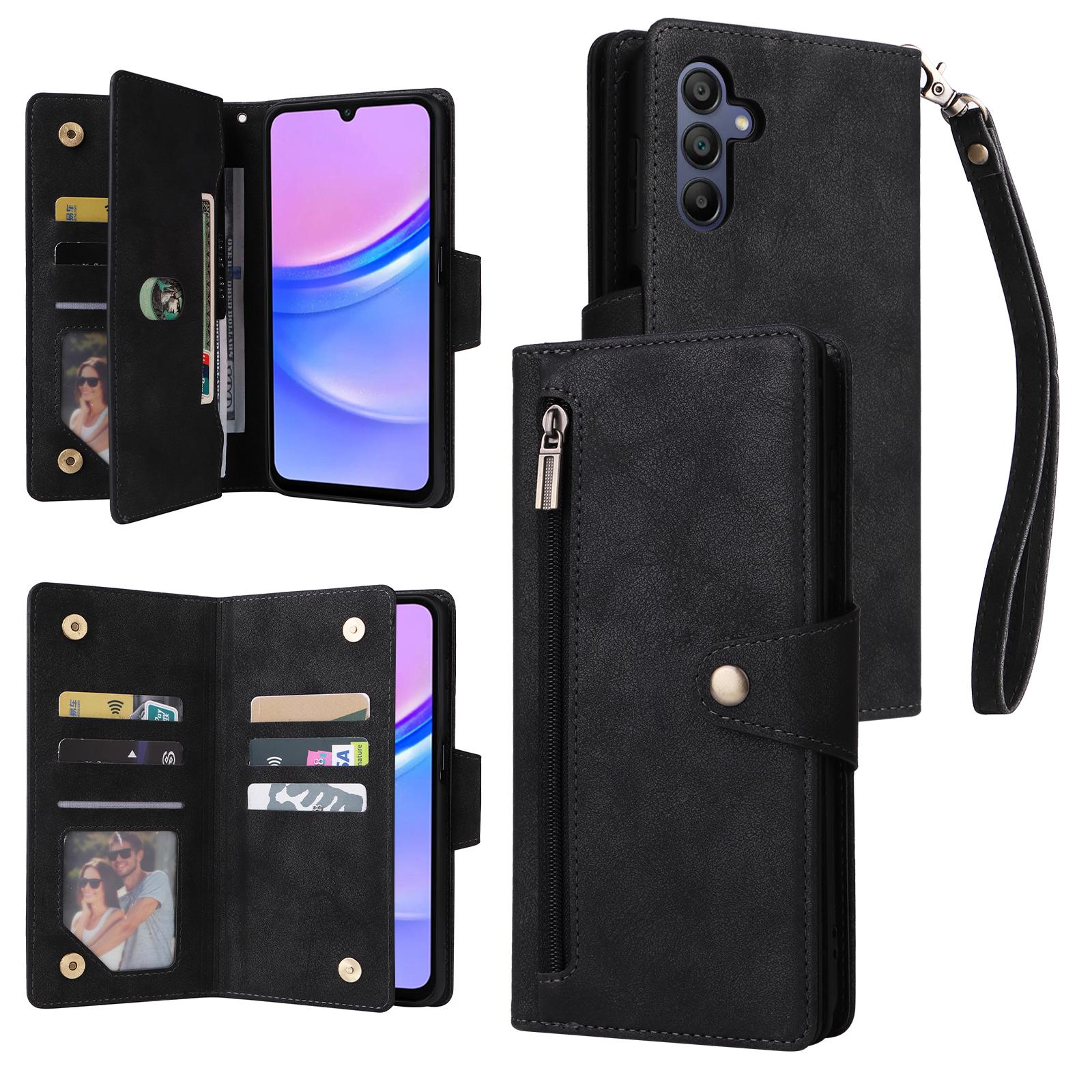 

For Samsung Galaxy A26 5G Case Zipper Wallet Rivet Decor Leather Phone Cover with Wrist Strap Black