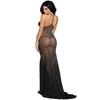 European & American Black Mesh See-Through Long Dress Lingerie Set: Low-Cut Spaghetti Strap Nightgown