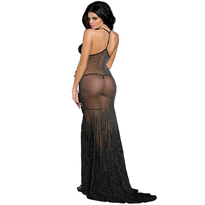 European & American Black Mesh See-Through Long Dress Lingerie Set: Low-Cut Spaghetti Strap Nightgown