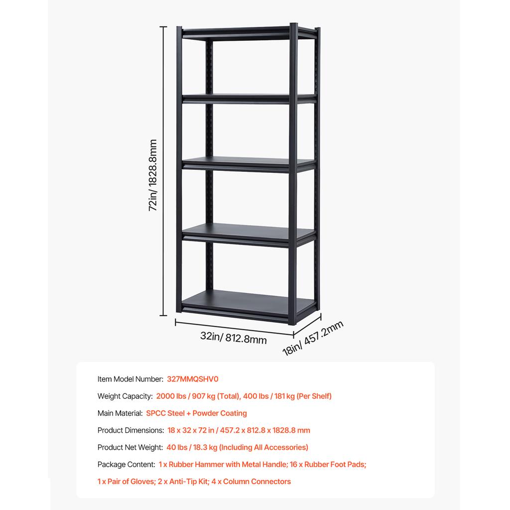 SucceBuy 5-Tier Garage Storage Shelves 2000 lbs Adjustable Metal Shelving Utility Rack Shelf for Kitchen Warehouse Basement