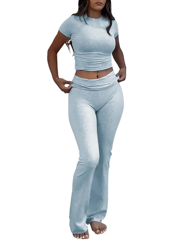 Women's Casual Workout Two-piece Set - Round Neck T-shirt & Low-waisted Flared Pants