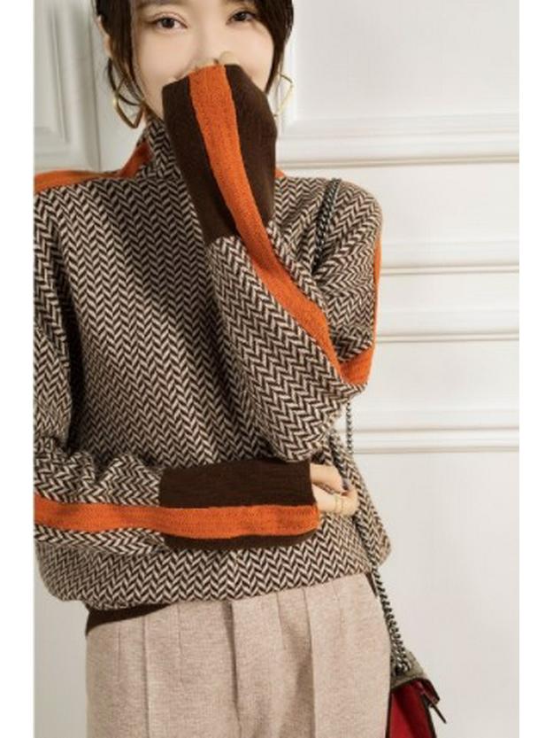 

Женский свободный шерстяной свитер с высоким воротом и цветными блоками для осени/зимы Extra Large оранжевый